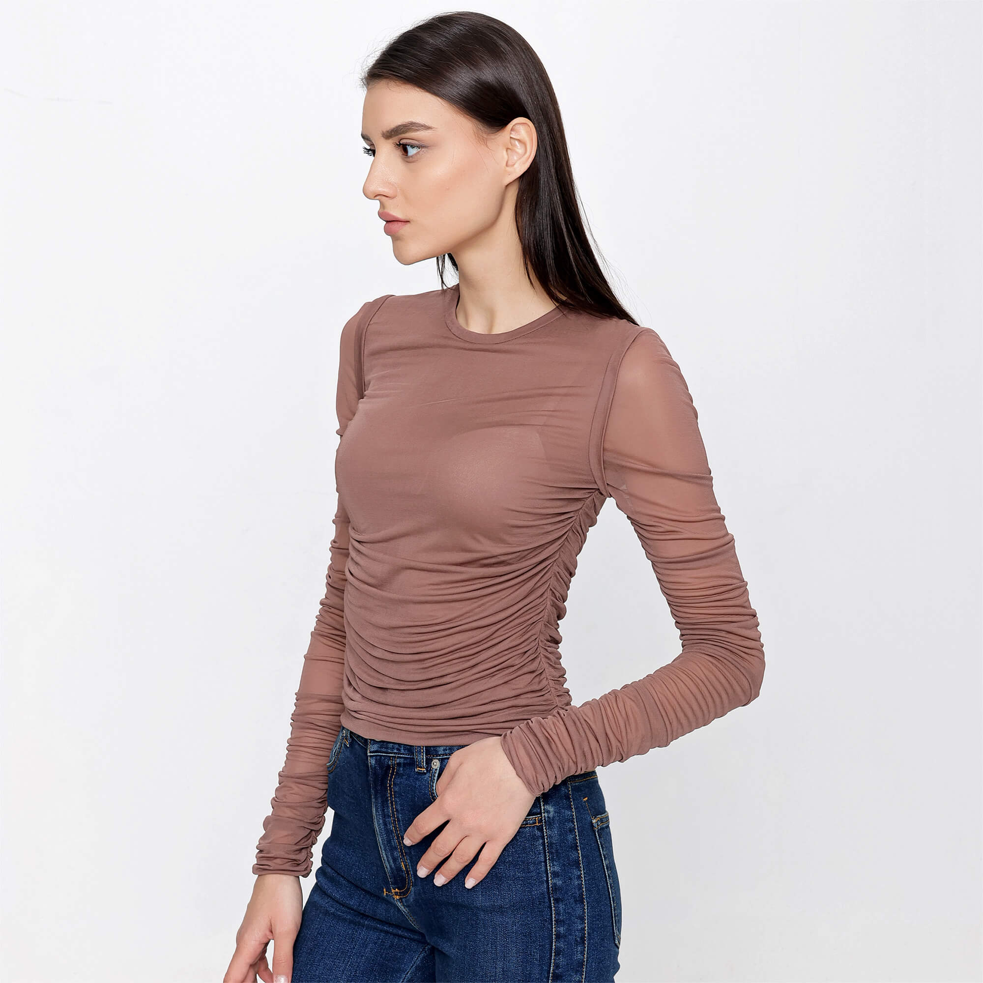 Dolce&Gabbana - Brown Viscose Ruched Long Sleeve Top